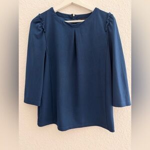 Sfera Navy Blue Pleated Neck Blouse | 3/4 Sleeve Elegant Feminine Top